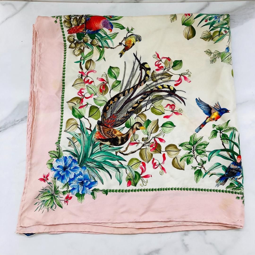 GUCCI グッチ オールドグッチ スカーフ 鳥 花 ピンク×ホワイト系