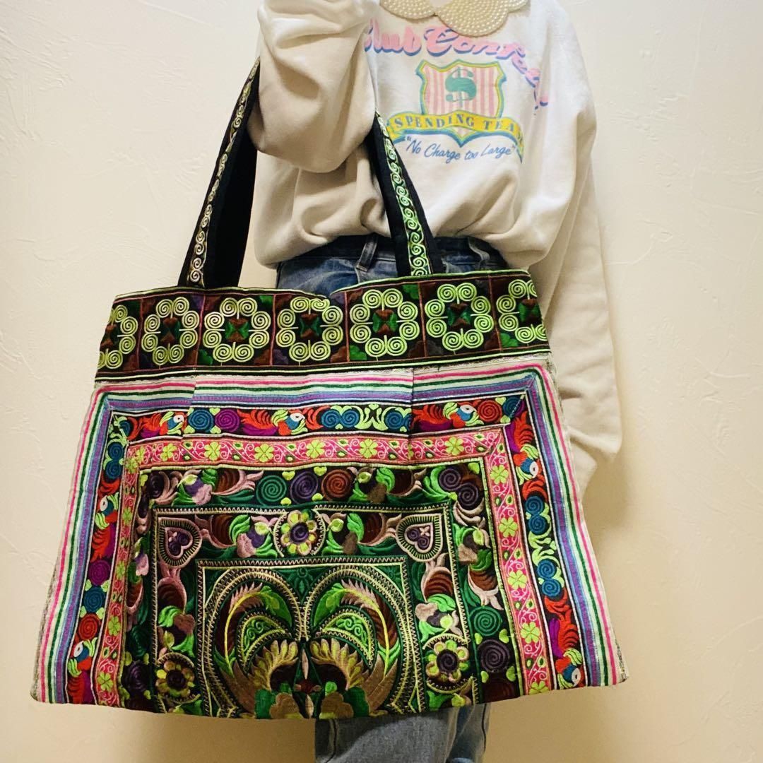 新品☆カラフル花柄刺繍トートバッグ ビッグサイズ ハンドメイド タイ 