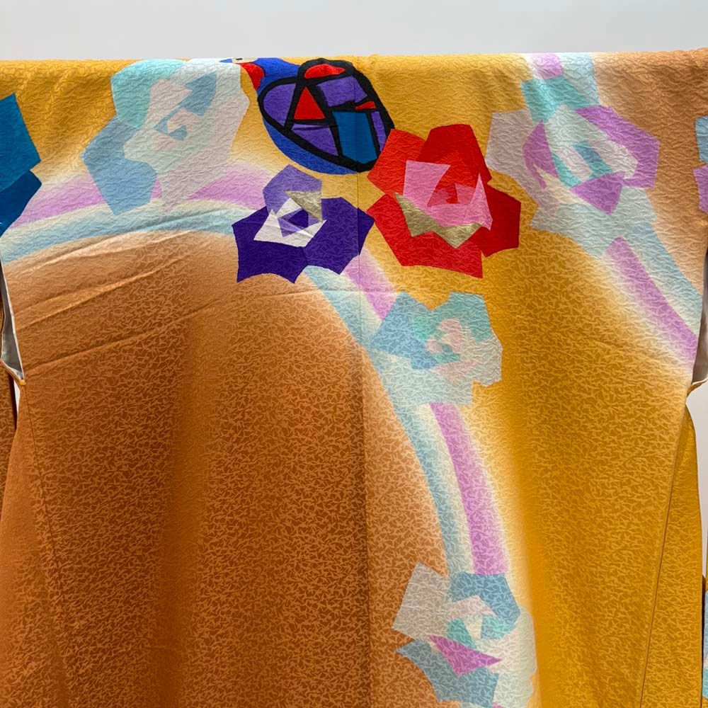 本振袖 引き振袖 正絹 茶 黄色 花柄 古典 刺繍 結婚式 裄64.5cm