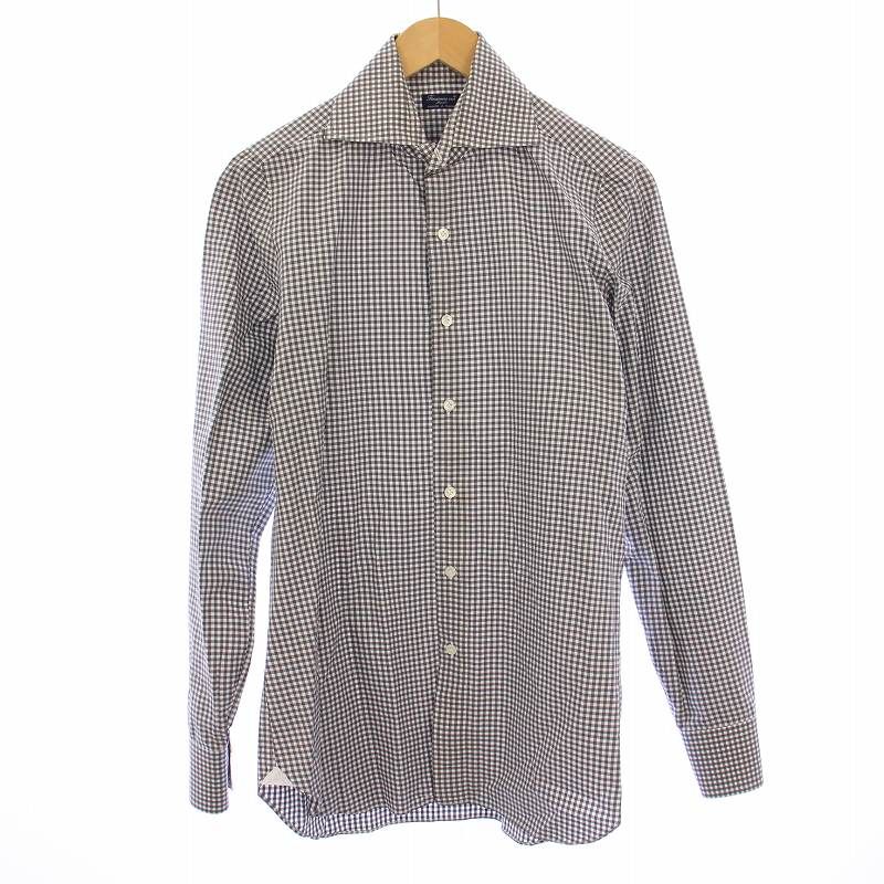 フィナモレ 美品 FINAMORE ホリゾンタルカラー チェックシャツ M 青系 フィナモレ 美品 FINAMORE ホリゾンタルカラー チェックシャツ M 青系
