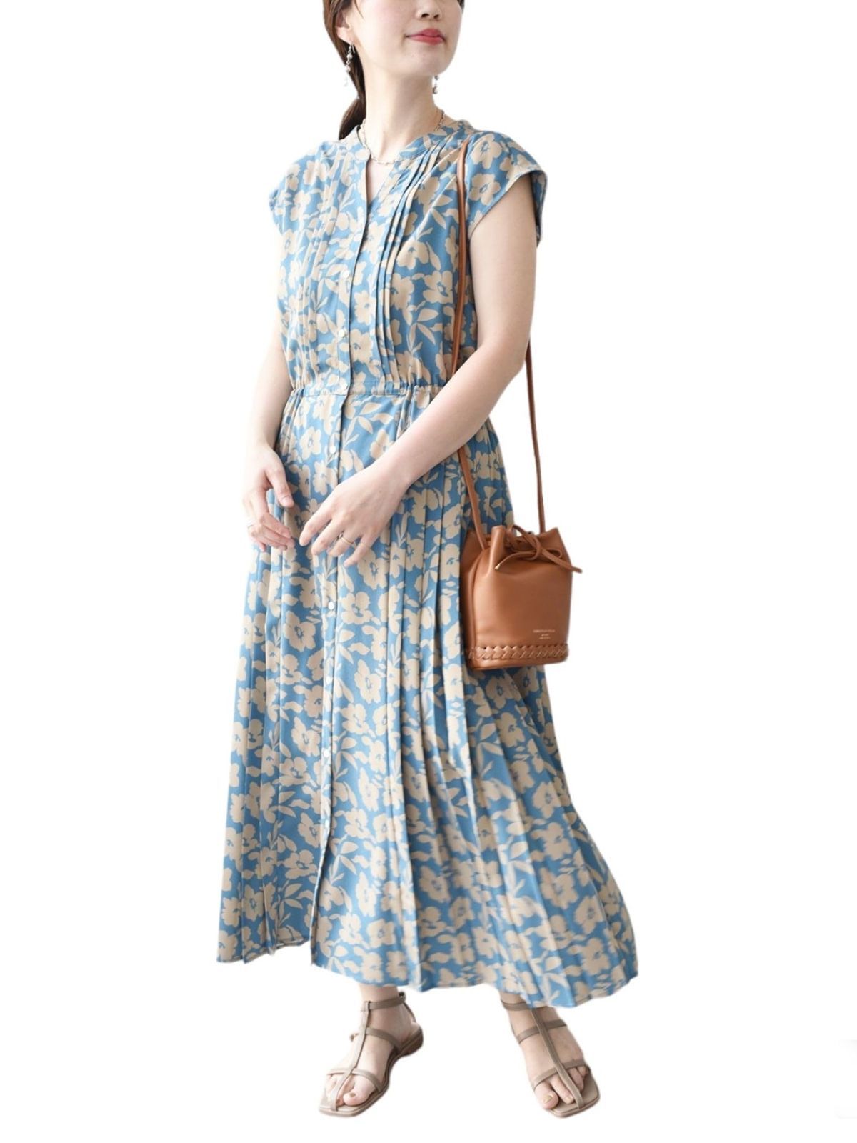 Size S_Color Light Blue3 シップス フォー ウィメン ワンピース * 洗濯機 ドット 花柄 サイド プリーツ フレンチスリーブ ワンピース レディース 314522386 スカイブルー S