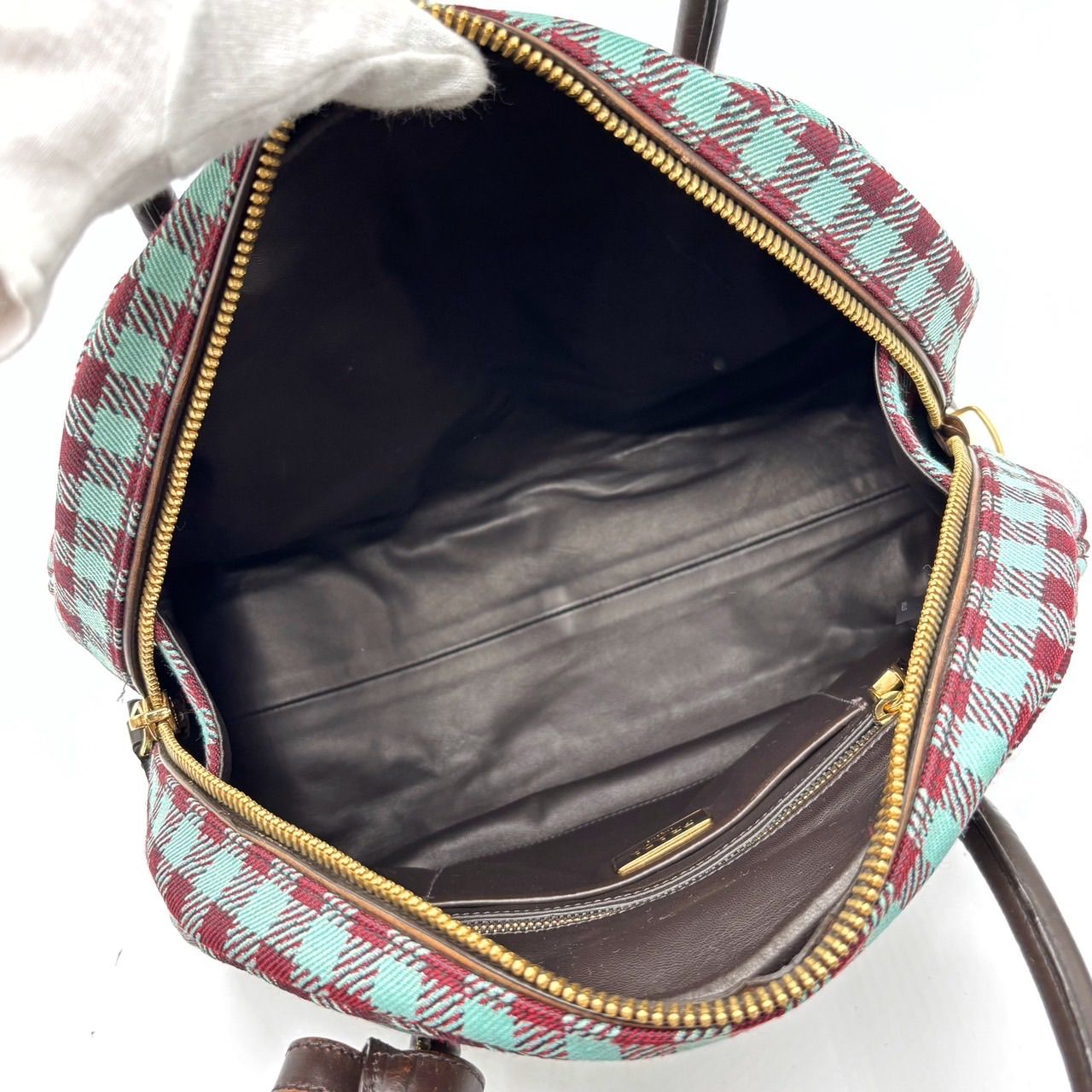 プラダ　ジャガードヴィシー　ボーリングバッグ　三角ロゴ　チェック柄　キャンバス プラダ ジャガードヴィシー ボーリングバッグ 三角ロゴ チェック柄