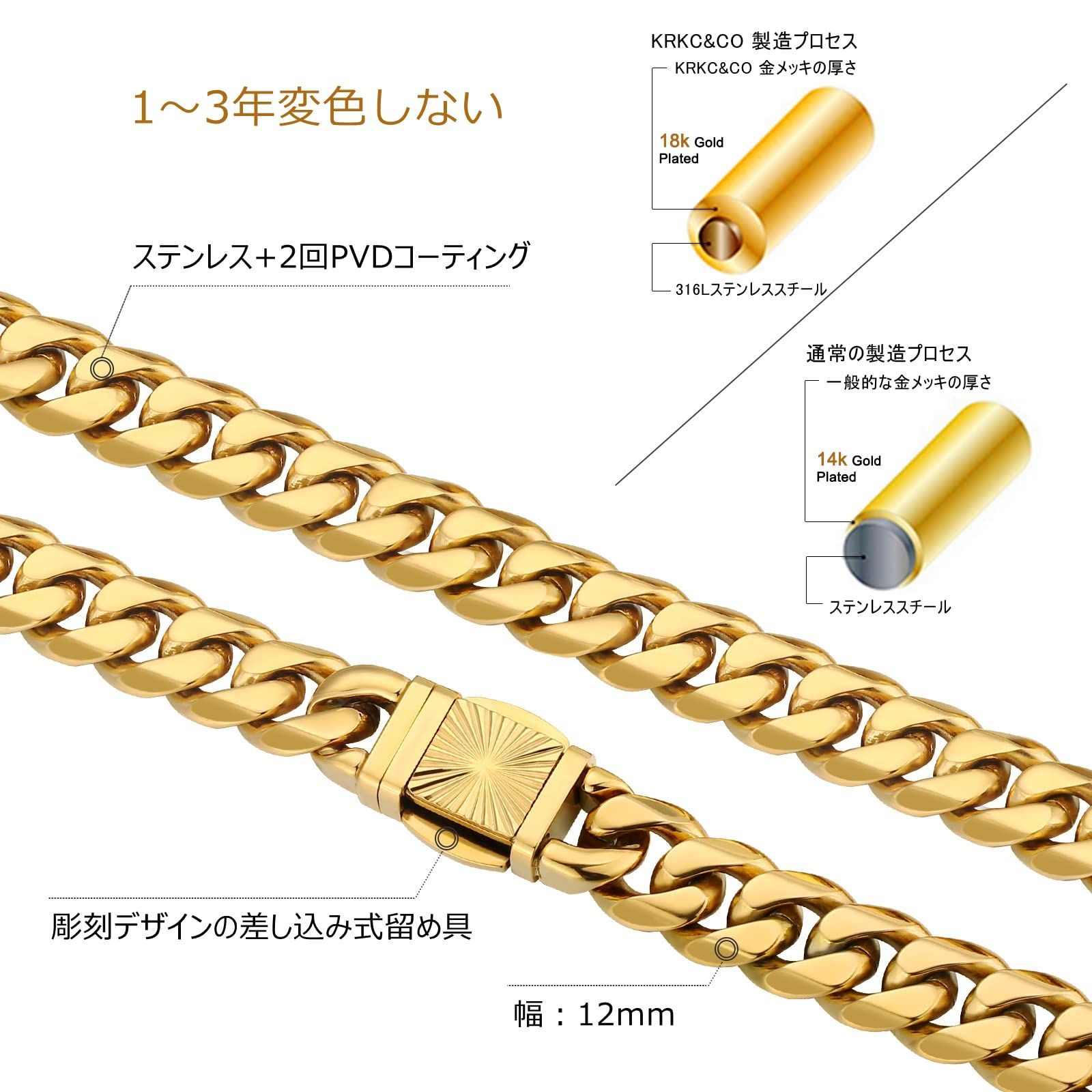 KRKC&CO 喜平ネックレス 6面カット メンズチェーンネックレス 幅12mm