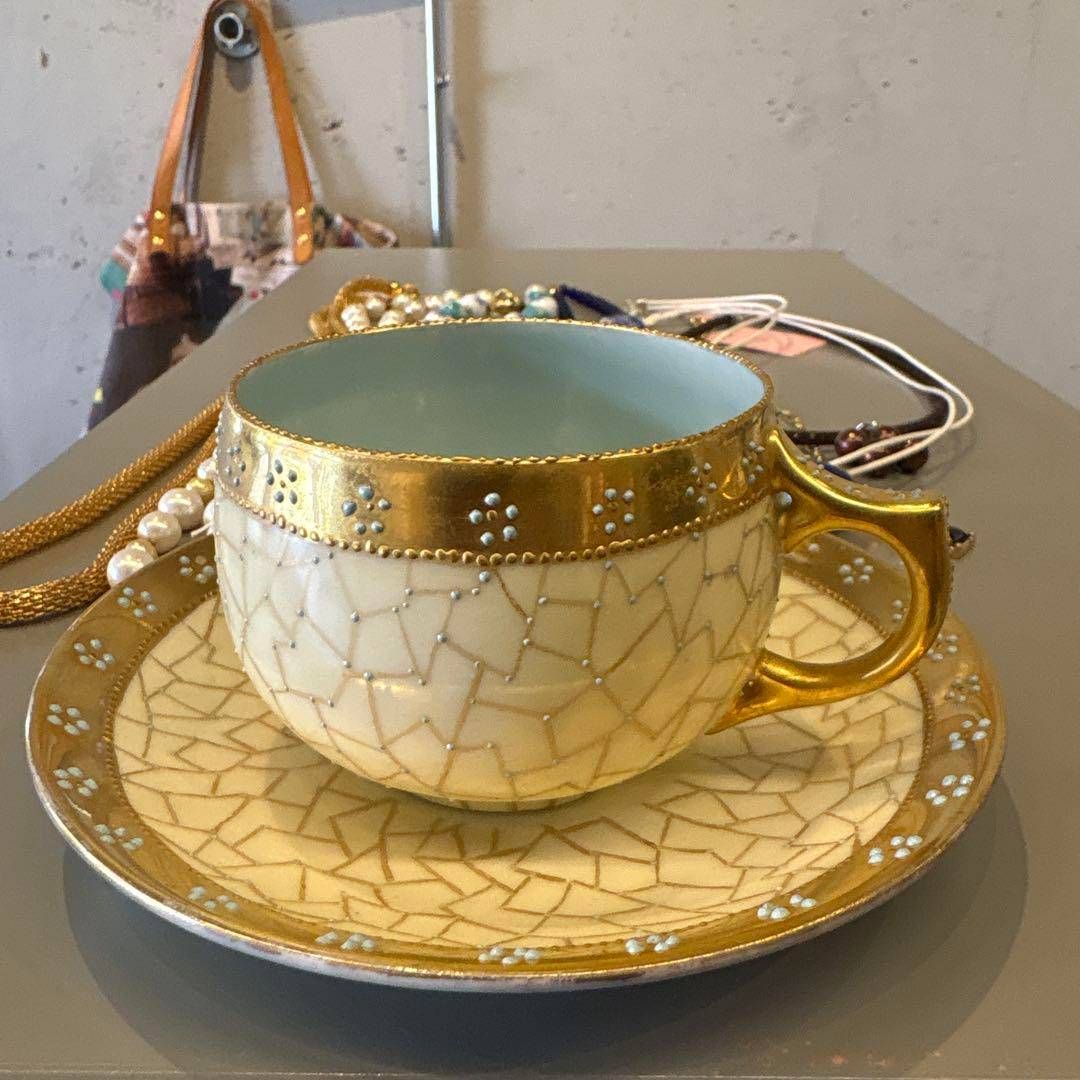 ゴールド 金 カップ ソーサー セット コップ お皿 食器 GOLD 金色 ブルー 青 アンティーク ヴィンテージ antique 1客 コーヒー 紅茶 お茶