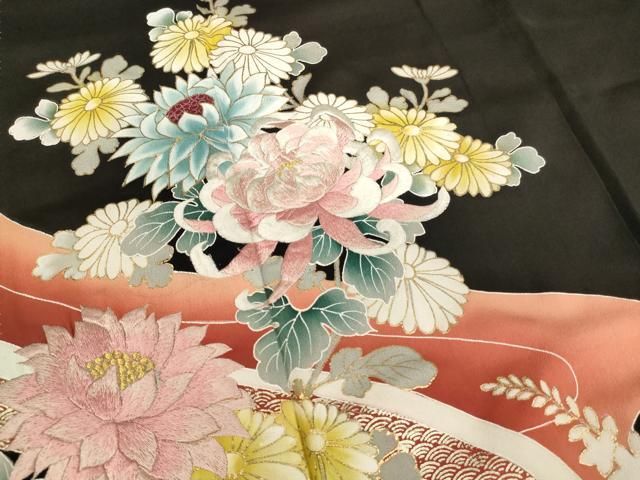 女　着流し　花柄　美品　正絹 紺 オレンジ花・流水柄 正絹振袖【148】 – SAKURA TOKYO