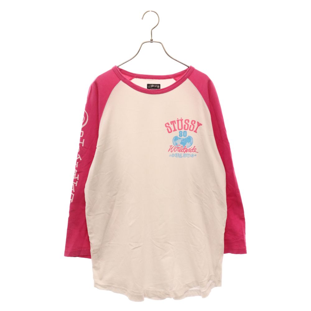 STUSSY (ステューシー) 00s 金タグ フロント プリント ラウンドネック 七分袖 カットソー ホワイト/ピンク
