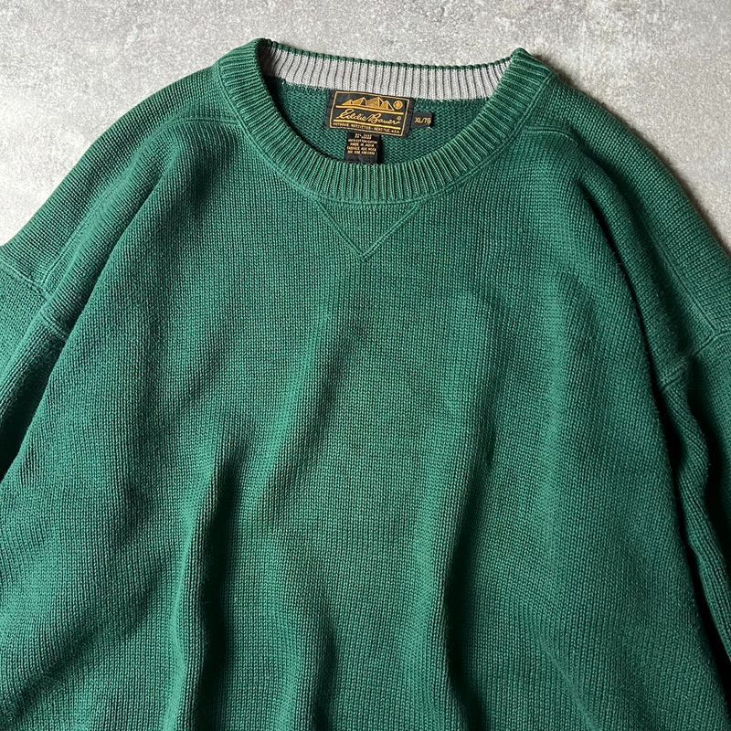 80s 黒タグ Eddie Bauer 無地 前V コットン ニット セーター XL / 80 