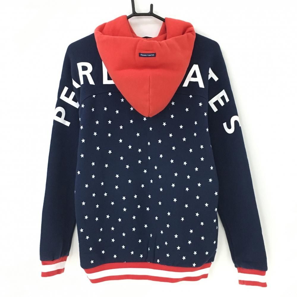 パーリーゲイツ ジップパーカー ネイビー×レッド 裏起毛 一部星柄