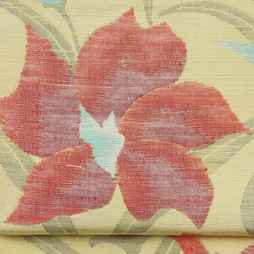 名古屋帯 幅31cm 長さ342cm レディース 花柄 秋冬春用 正絹 シルク イエロー リメイク リユース リサイクル 呉服のきくや