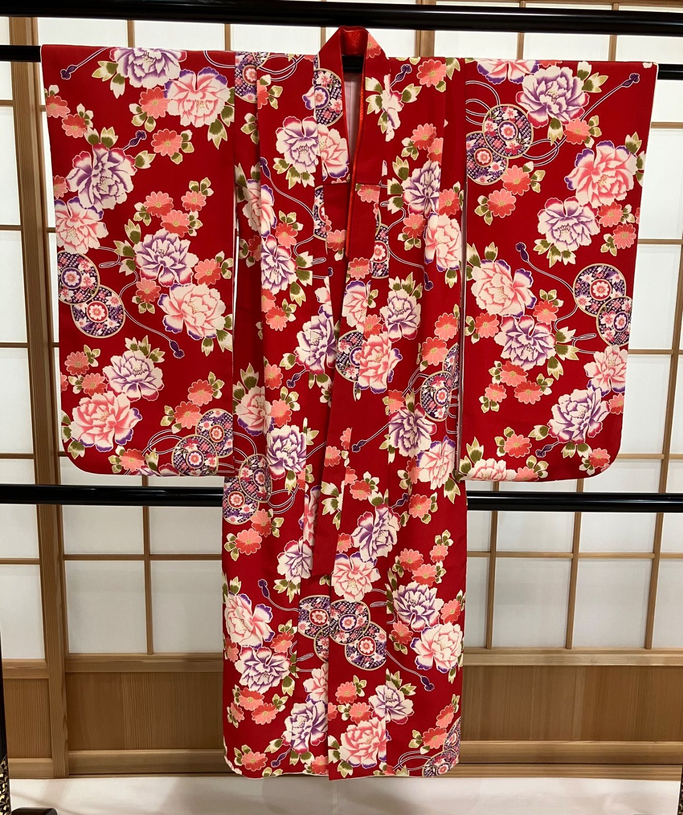二尺袖着物 単品 [05] 花柄 薄青・赤 : 京のおしゃれ屋 着物