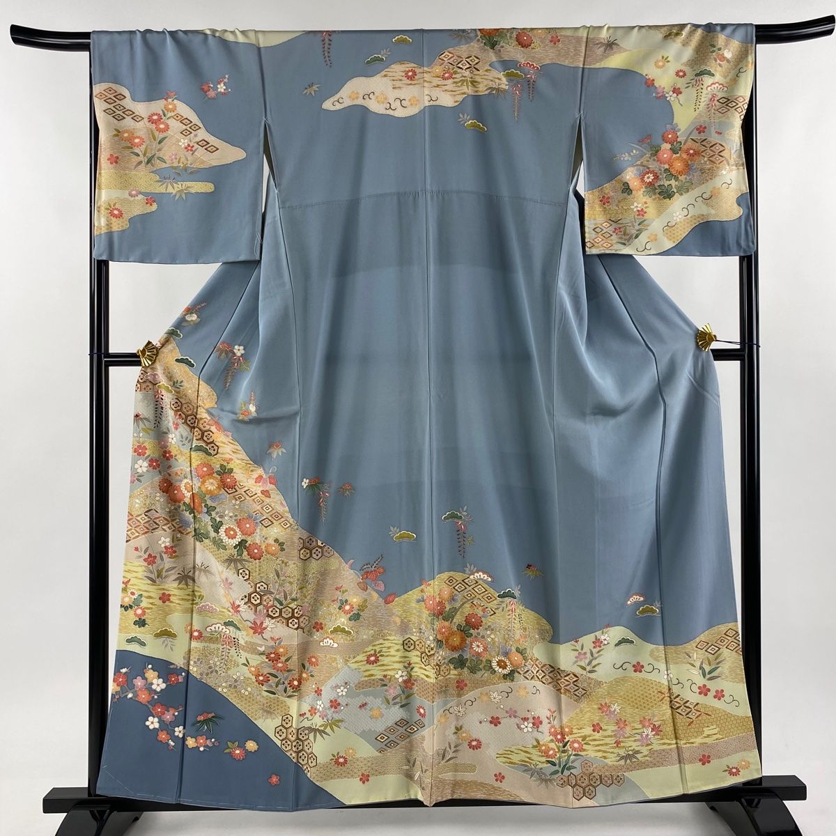 訪問着 身丈158cm 裄丈65.5cm M 袷 松梅 草花 刺繍 絞り 青灰色 正絹  