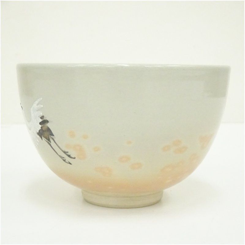 京焼 三浦竹軒造 御題鳥双鶴図茶碗（共箱） 茶道 抹茶 おしゃれ