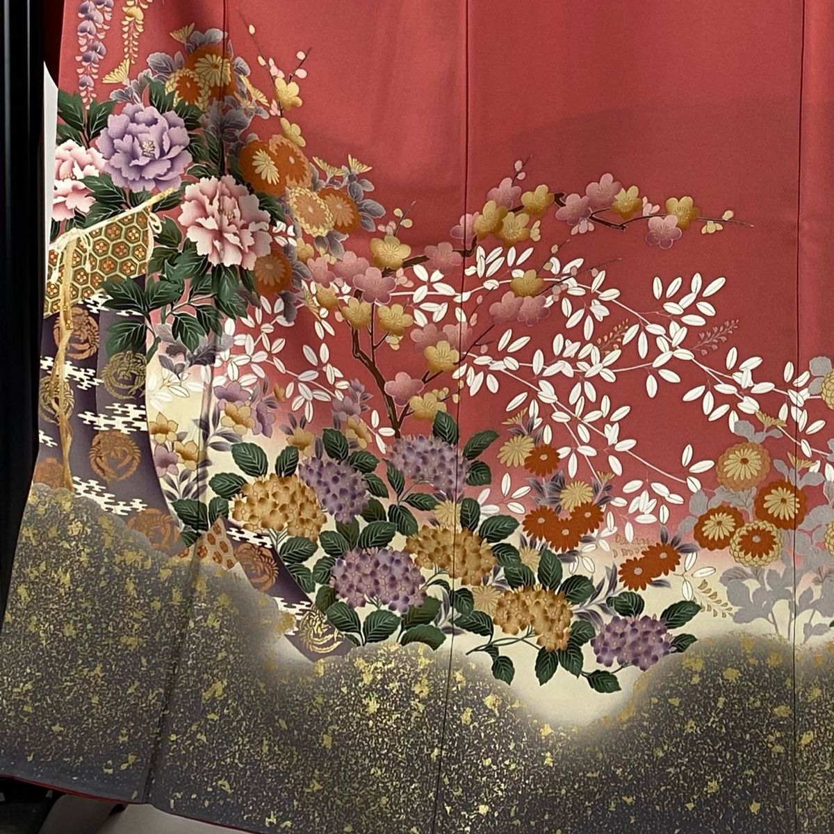 振袖 身丈163cm 裄丈66cm M 袷 几帳 草花 金彩 ピンク 正絹 美品 秀品  