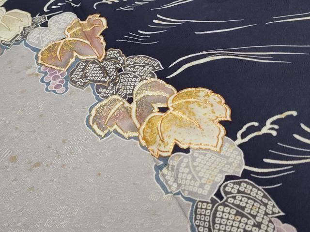 平和屋着物□訪問着 駒刺繍 立波葉文 葡萄 金銀彩 正絹 逸品