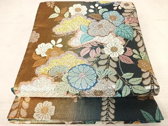 A9298 ●高級 正絹 草木染 美光よろけ 六通 袋帯 袋帯 美品 逸品 落款あり 小森草木染工房 佐賀錦 菱 花鳥 金糸