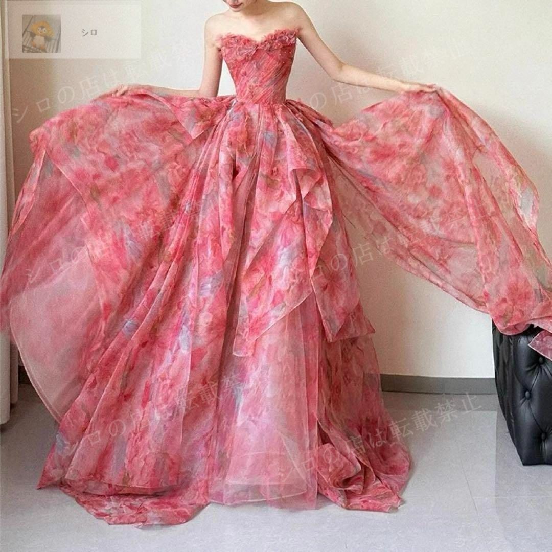 花柄がオシャレで美しい ベア イブニングドレス 花柄生地が美しい ベア イブニングドレス レッド ベアトップ