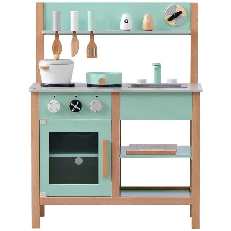 Top-Cloud おままごとキッチン セット 木製 北欧 調理器具 食器付き 可愛い 収納 子供 ギフトボックス付き グリーン 1