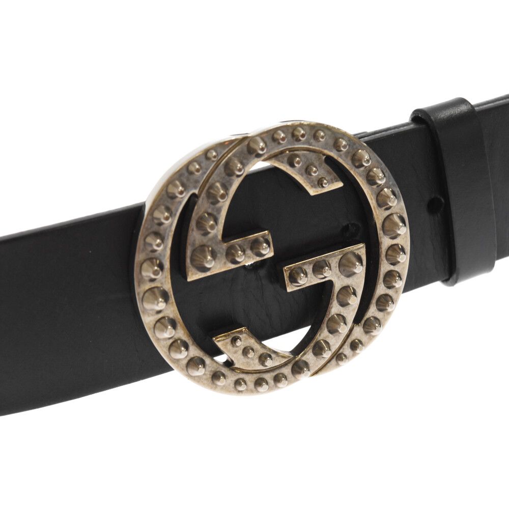 GUCCI (グッチ) スタッズ ロゴ バックル レザー ベルト ブラック
