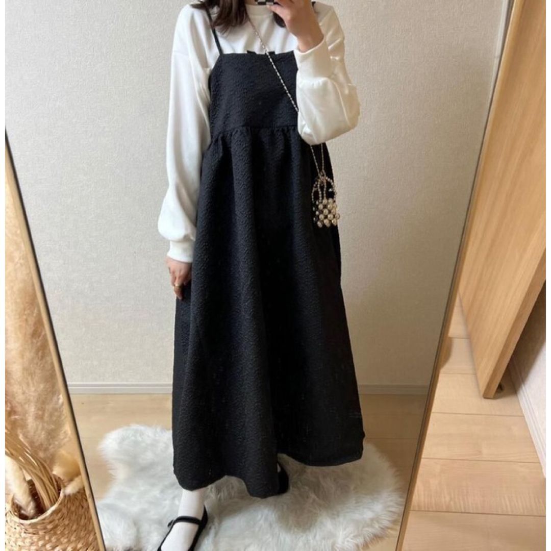 新品 黒 上品 エンボス キャミ ワンピース フラワー レディース