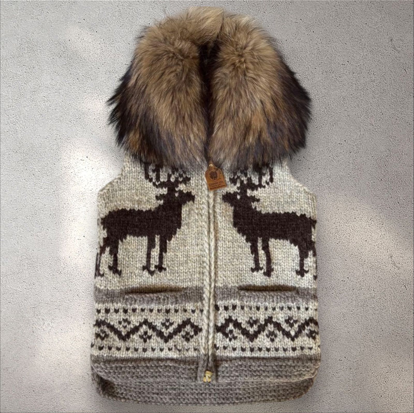 美品】カナディアンセーター ベスト カウチン ファー付き カナダ