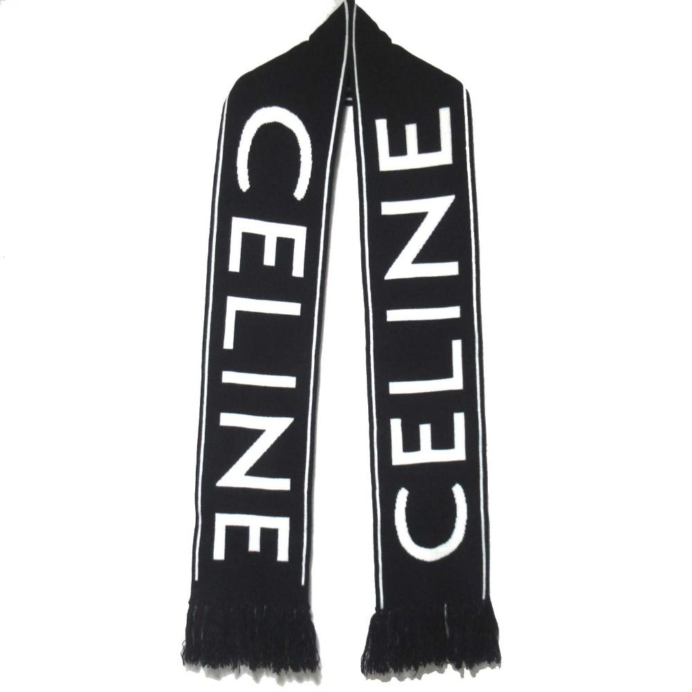 CELINE セリーヌ ウール カシミヤブレンド ロゴ フリンジ ニット マフラー 2A95Q2270 ブラック×ホワイト メンズ 古着