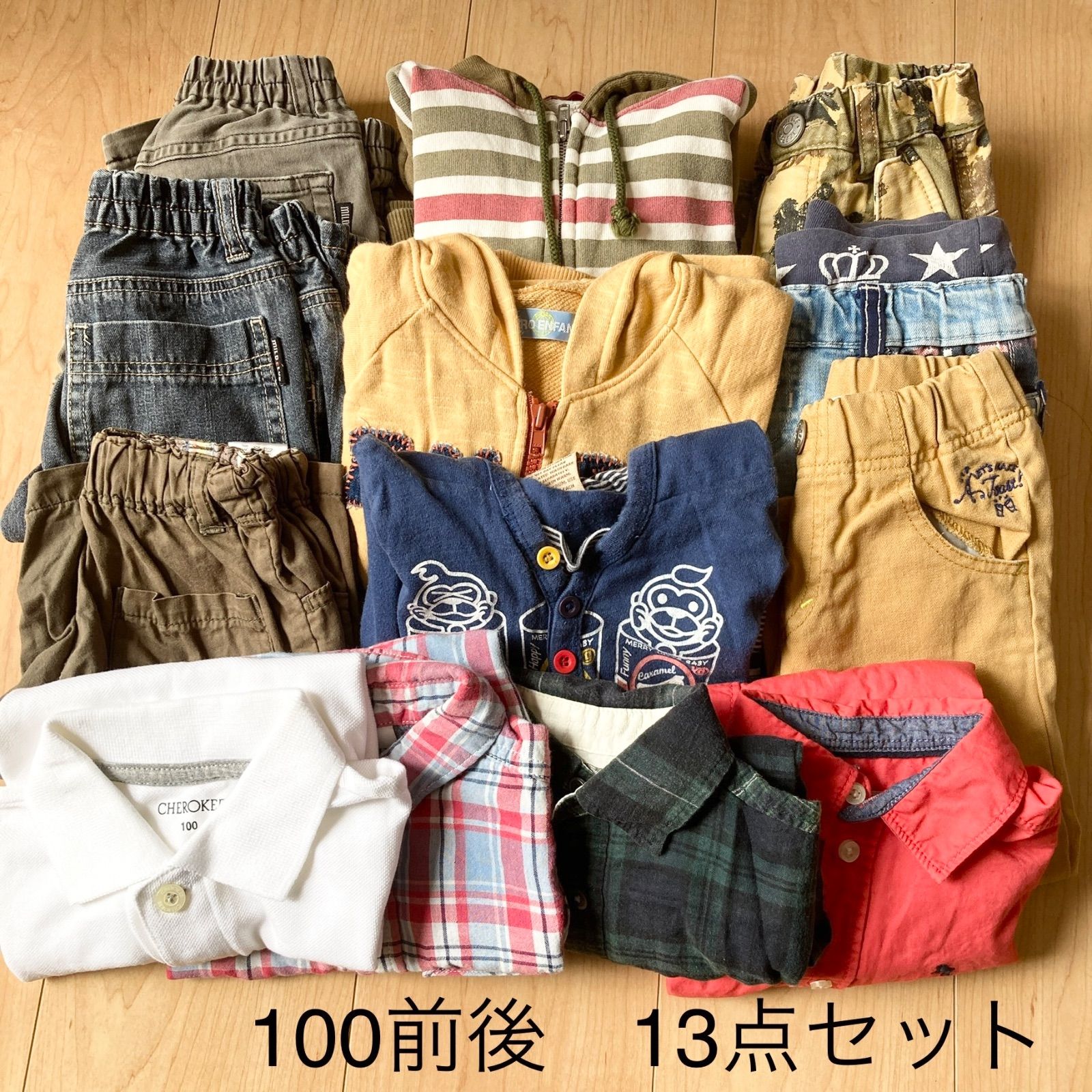 子ども服まとめ売り 100前後13点セット 長袖 半袖 長ズボン 半ズボン 男の子 チェック柄 無地 パーカー ジーンズ 迷彩柄 西松屋 HM  ベビードール フォークローバー メルカリ
