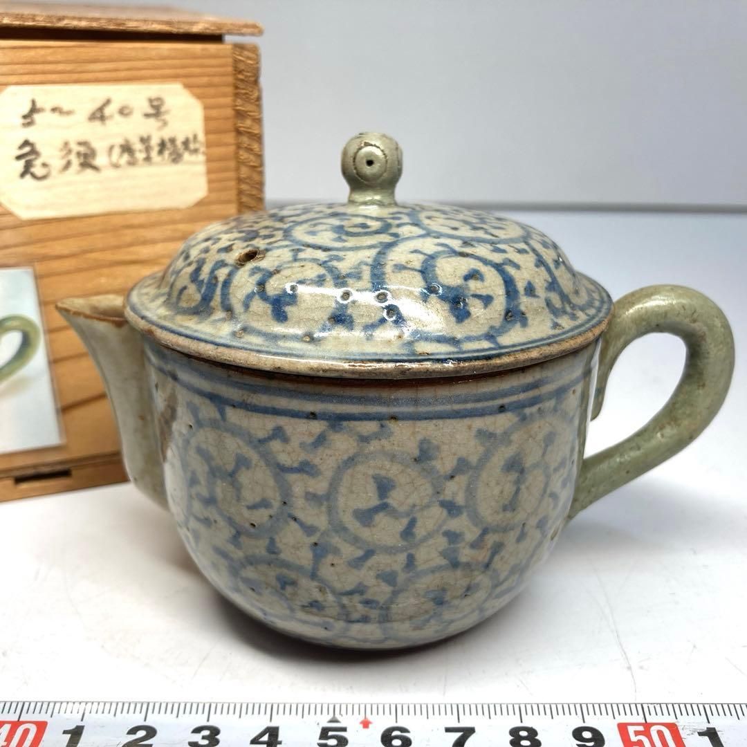 江戸時代　唐草模様急須　木箱付　横幅12.5㎝　東Y6-0319①タウチ 江戸時代 唐草模様急須 木箱付 横幅12.5㎝ 東Y6-0319①タウチ