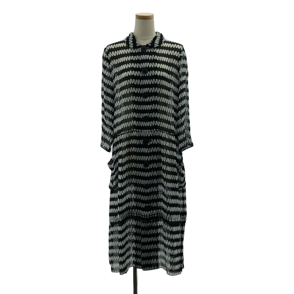 【美品】 COMME des GARCONS COMME des GARCONS / コムコム | 2011SS | 総柄 丸襟 シアー ダブルポケット ワンピース | S | ホワイト/ブラック | レディース