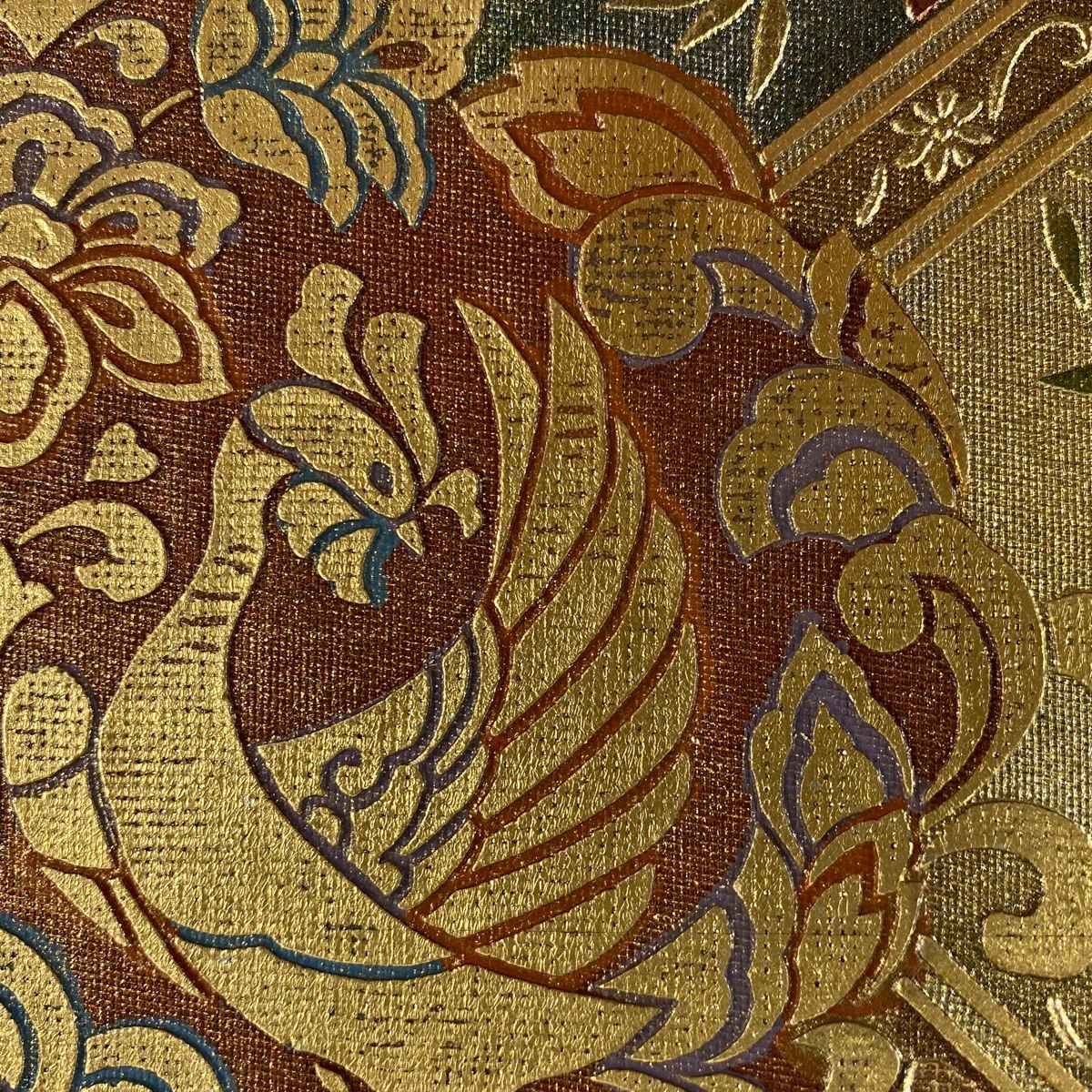 袋帯 美品 秀品 落款 鳥の羽根 螺鈿 箔 ベージュ お太鼓柄 正絹 【中古 