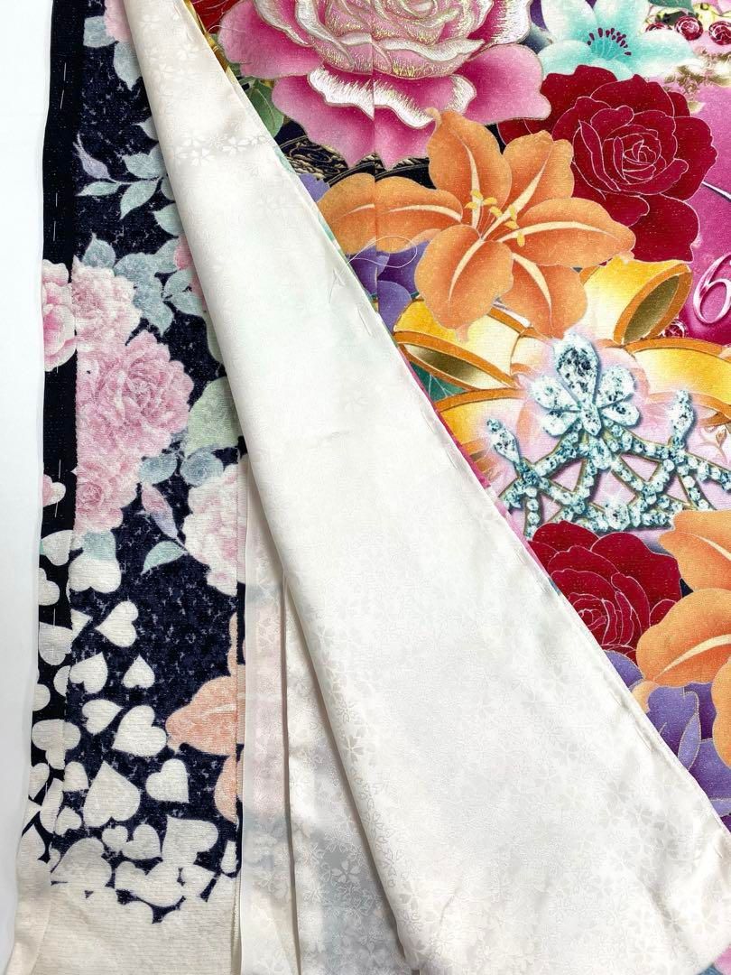 振袖 仮絵羽 舞台衣装 銀通し ラメ刺繍 薔薇 正絹 未仕立て品 八掛付き 