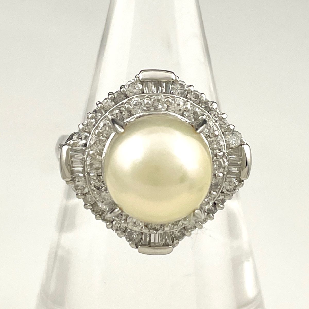 パール デザインリング プラチナ 指輪 メレダイヤ 真珠 リング 14号