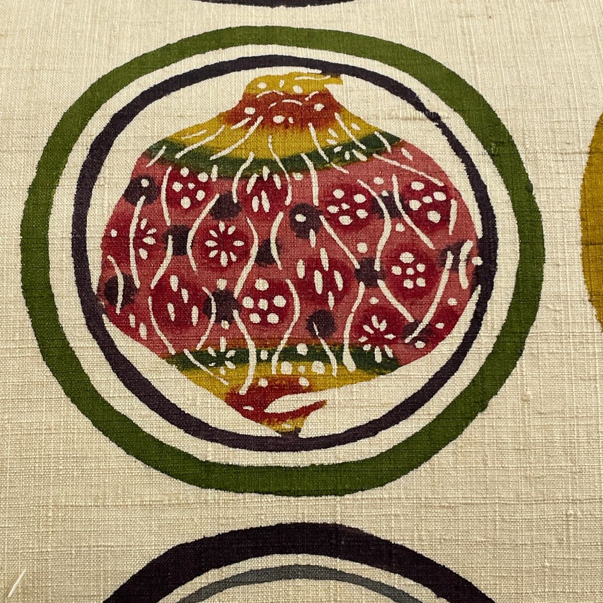 名古屋帯 逸品 落款 纏めれ 小島悳次郎 丸文 野菜 ベージュ 正絹 【中古】