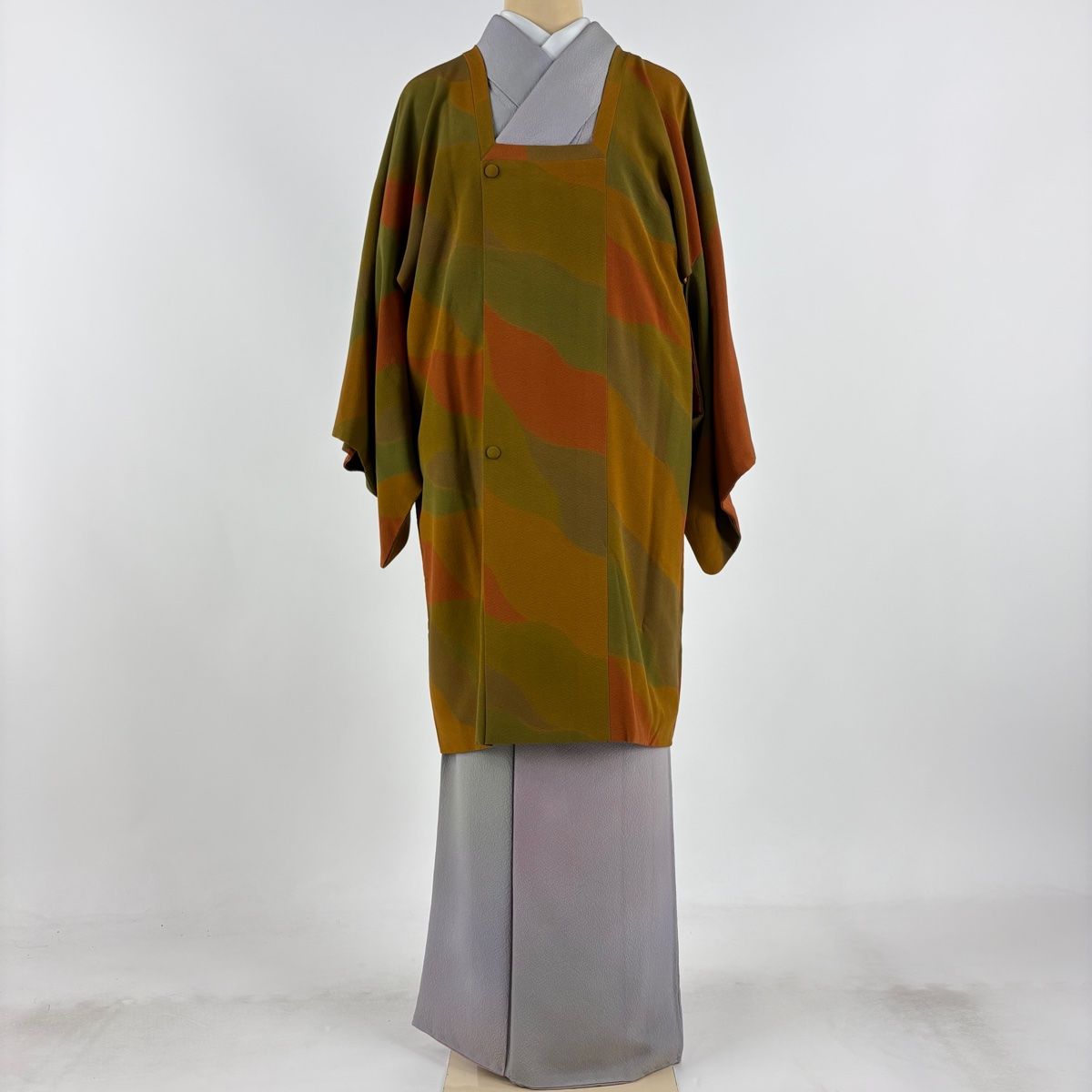 道行 身丈93cm 裄丈64cm M 和装コート 角衿 幾何学模様 山吹茶色 正絹 秀品