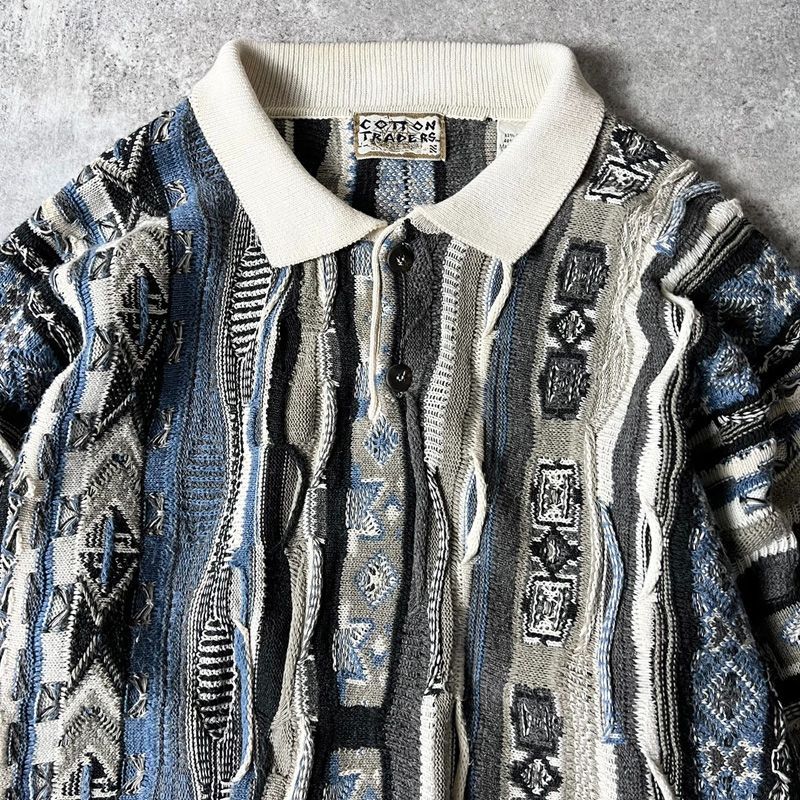 90s COTTON TRADERS 立体編み ニットポロシャツ ストライプ 90s COTTON TRADERS 3D 立体編み コットン ニット ポロシャツ XL