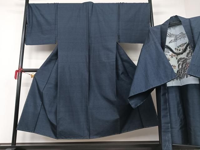 平和屋着物男性　紬　アンサンブル　藍鉄色　正絹　逸品　未使用　AAAO0387ph