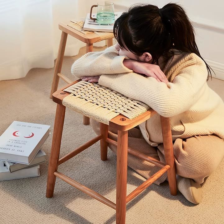 MU RONG スツール 木製 四角 アメリカチェリー 天然木 ラタン 籐