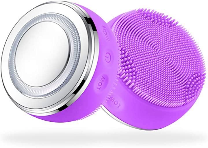 エルモス ELMOS 洗顔器 洗顔ブラシ 電動 シリコン IPX7防水 電動洗顔ブラシ 毛穴ケア フェイスブラシ 美顔器 温熱ケア 光エステ 音波 スキンケア 超音波振動(バイオレット，  6.6 x 6.6 x 3.6 cm ; 8)