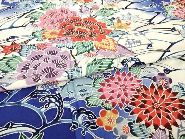 華やか 振袖 染め分けに花模様 着物 正絹 袷 広衿 RK-3938 平和屋着物▽豪華振袖 型染め 立波花文 正絹 逸品 AAAZ8118ck