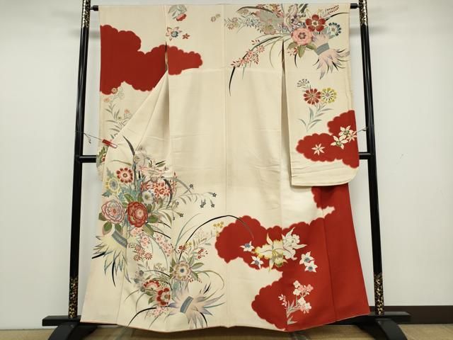 平和屋着物○アンティーク 大正ロマン 振袖 草花文 金彩 鬼しぼ縮緬