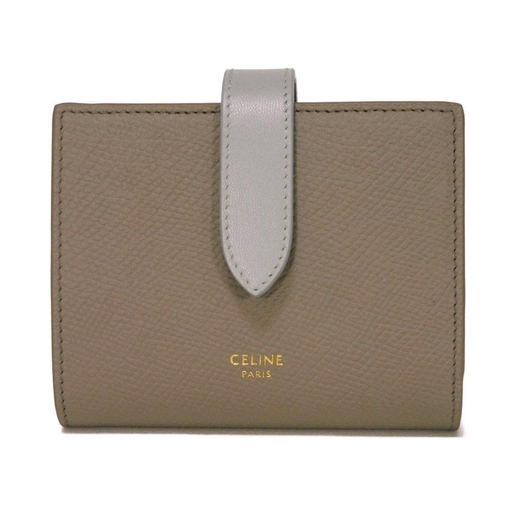 CELINE セリーヌ スモール ストラップ ウォレット 箔押し グレイン スムース カーフ ペブル ミネラル グレー ブルー 札入れ カードケース コインケース ♥ 新ロゴ 二つ折り財布 10H263BRU.10PI