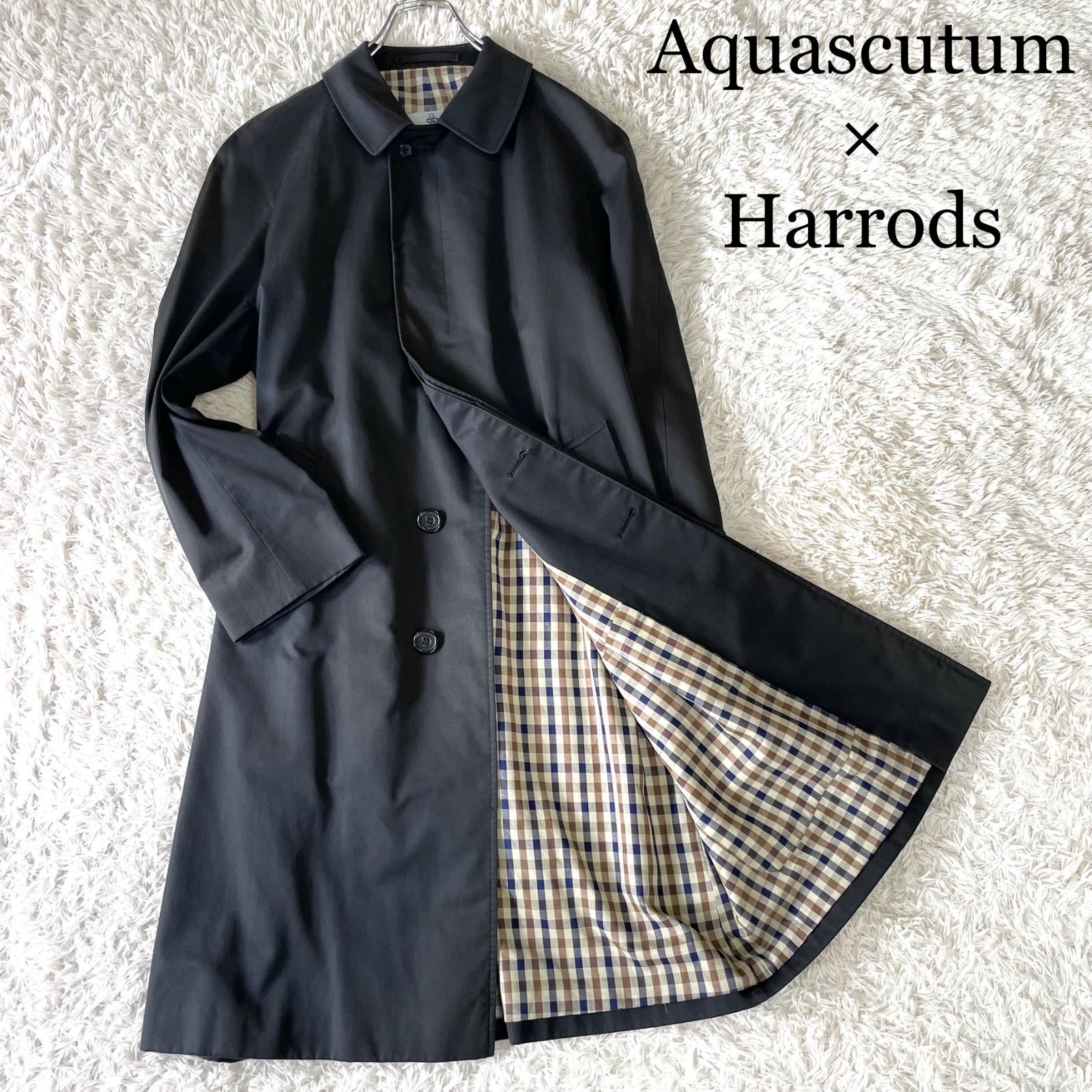 モデル Aquascutum アクアスキュータム ハロッズ別注 バルマカーンコート ステン コート クラブチェック 比翼仕立て ブラック 黒 英国製