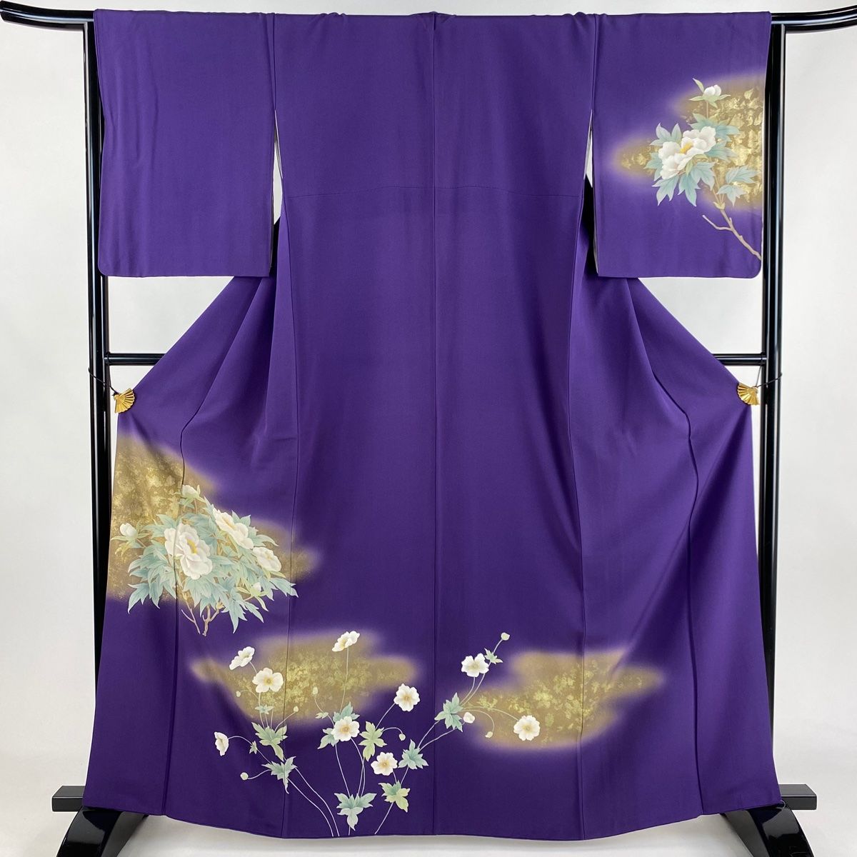 訪問着 身丈163cm 裄丈65cm M 袷 牡丹 菊 刺繍 銀彩 茶緑色