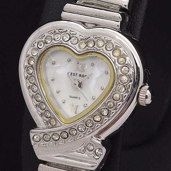 稼働 良品 レストローズ QZ ハート型 ホワイトシェル文字盤 石付