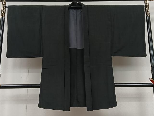 平和屋着物＃男性 長羽織 紬地 霞文 黒地 正絹 CAAV5846id