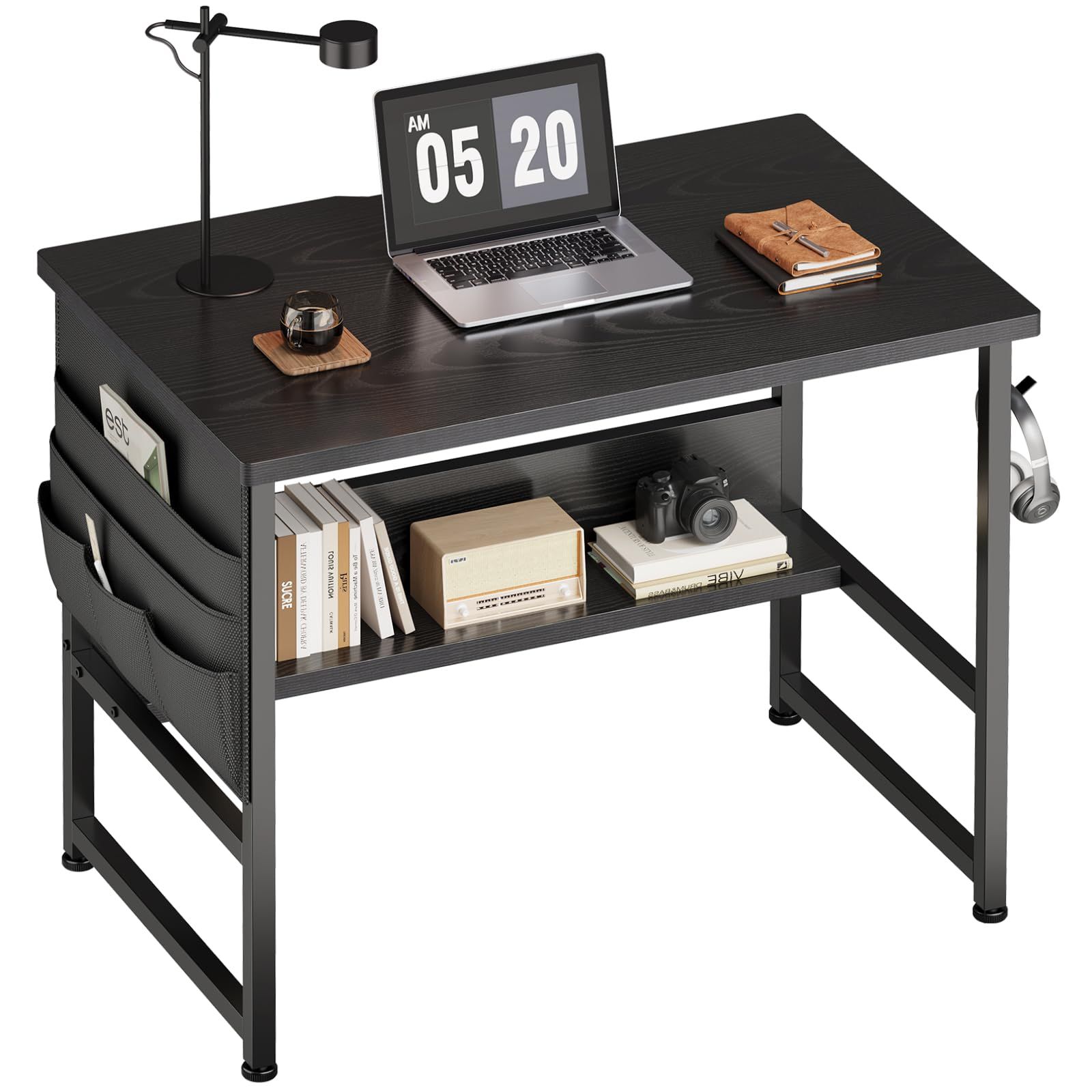黒い 事務机 デスク デスク 在宅ワーク 収納 省スペース 作業机 学習机 学習デスク 下棚付きデスク 勉強机 収納袋付き 幅80cm×奥行50cm つくえ パソコンデスク ラック付きデスク pcデスク 机 YeT