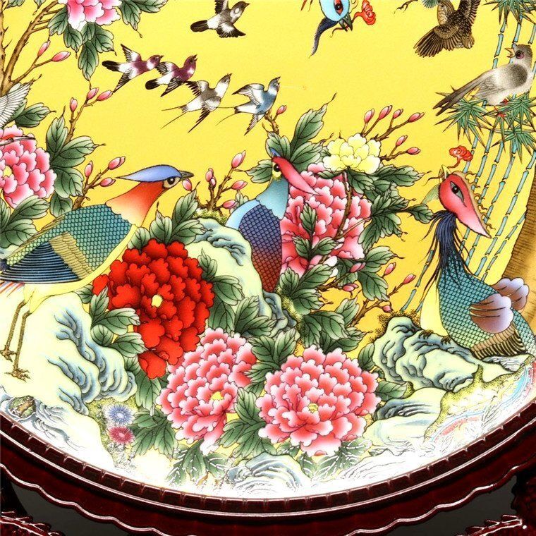 送料無料! 超美品!お皿 観賞皿 粉彩 花鳥柄 スタンド付き 観賞