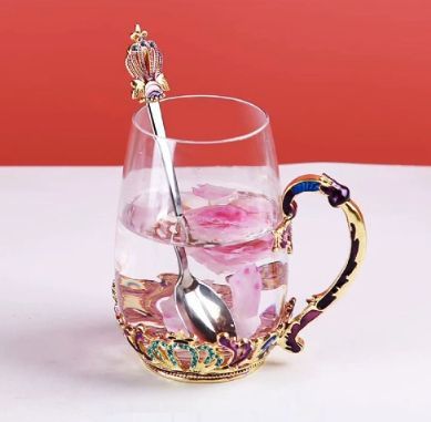 ガラスティーカップセットソーサー薔薇花入り 耐熱グラス