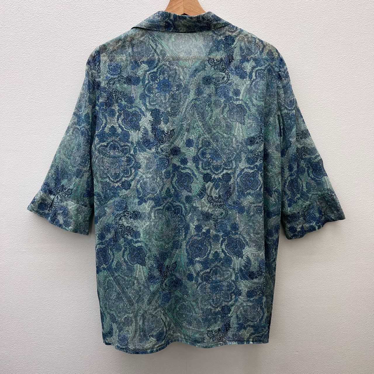 Leilian レリアン 薄手 ブラウス 七分袖 グリーン×ブルー系 13号 