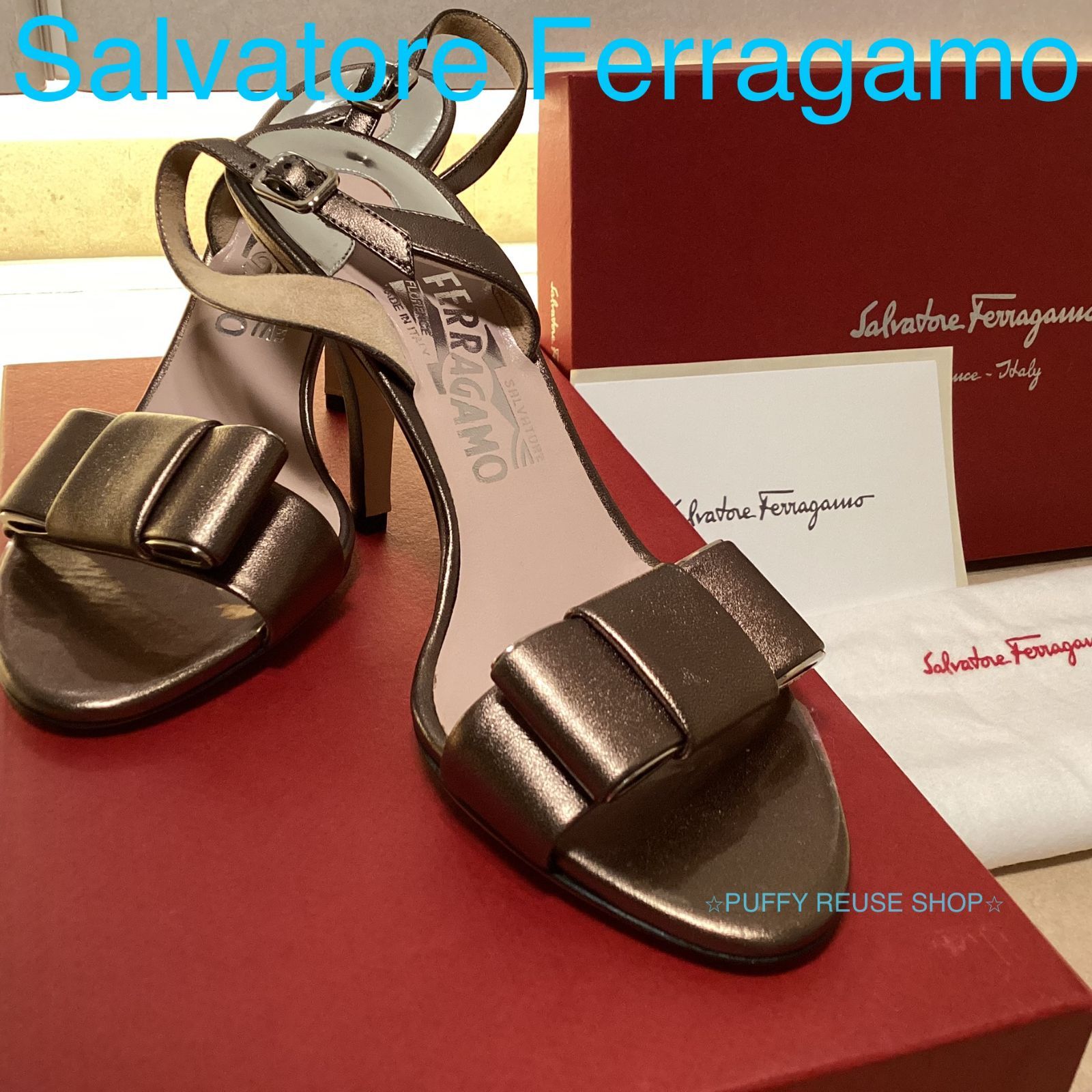 超美品】FERRAGAMO フェラガモ サンダル リボン ゴールド メタリック ...