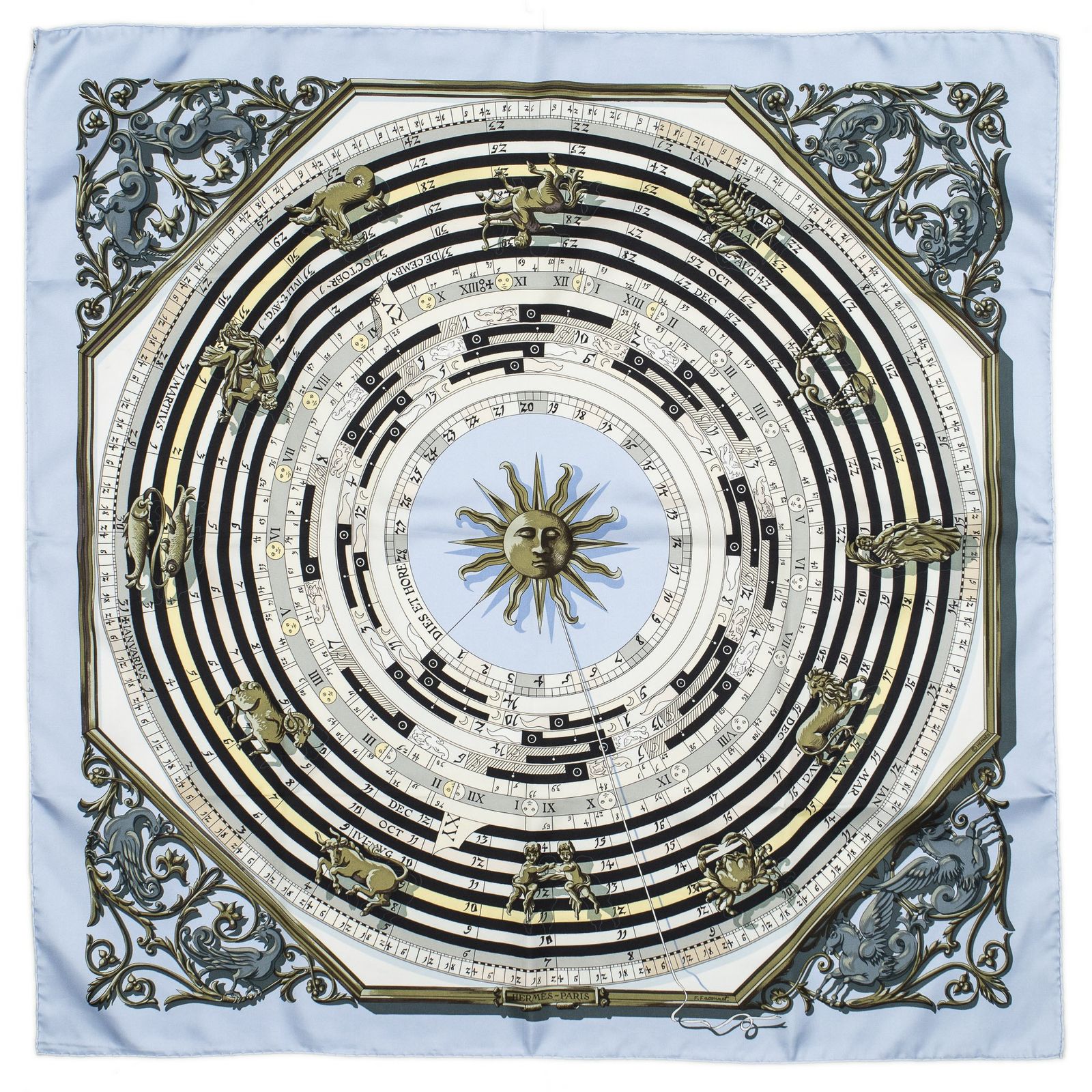 HERMES エルメススカーフ水色 アイボリー 黒 ツイルシルクA